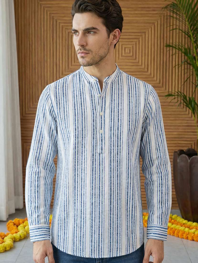 men striped mandarin neck short kurta - 22395562 -  Standard Image - 1