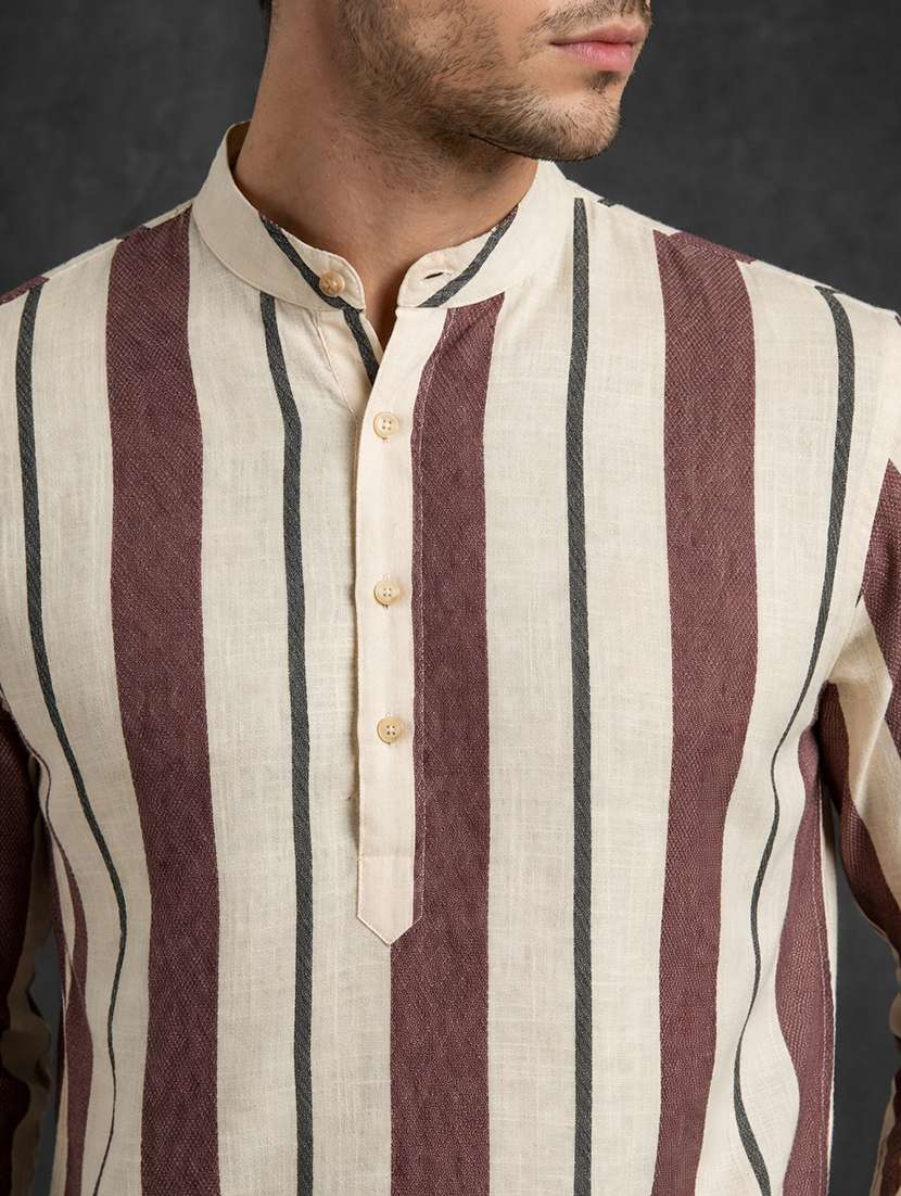 men striped mandarin neck short kurta - 22395565 -  Standard Image - 1