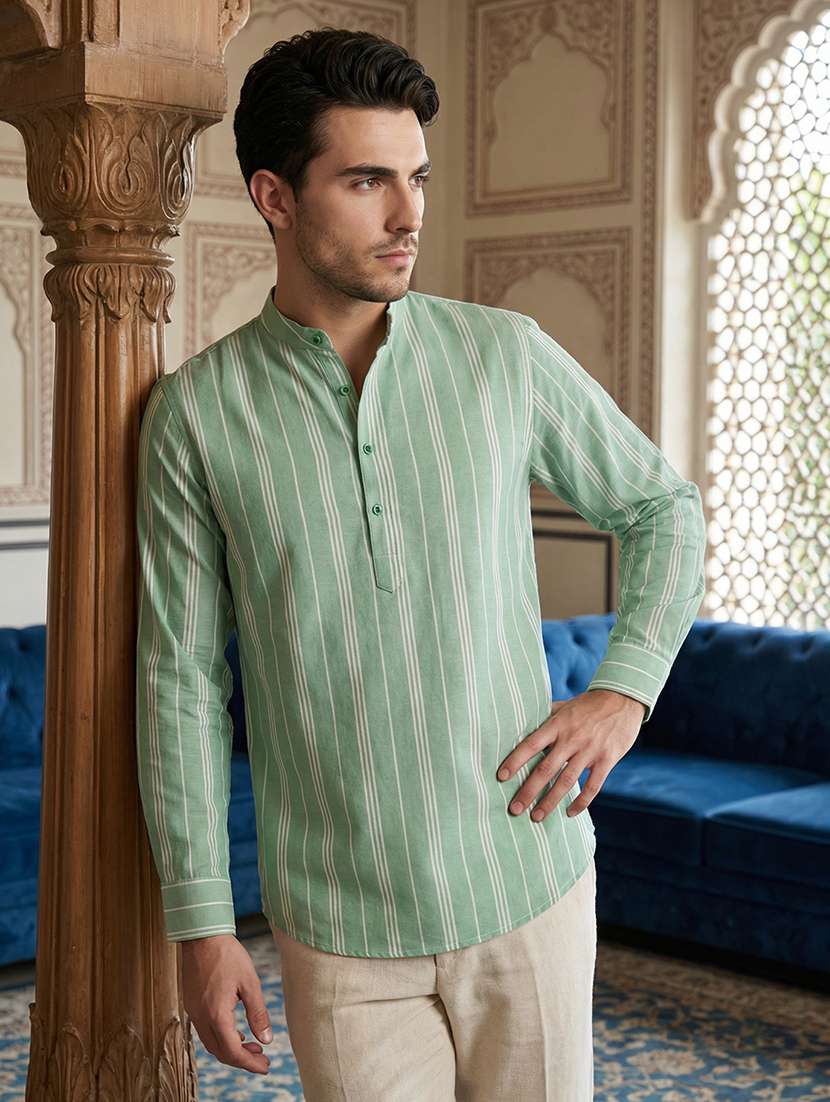 men striped mandarin neck short kurta