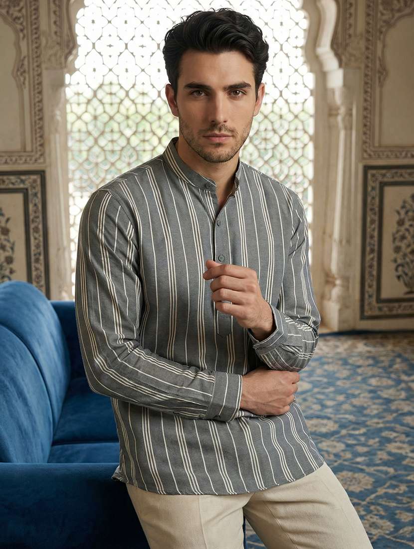 men striped mandarin neck short kurta - 22395568 -  Standard Image - 1