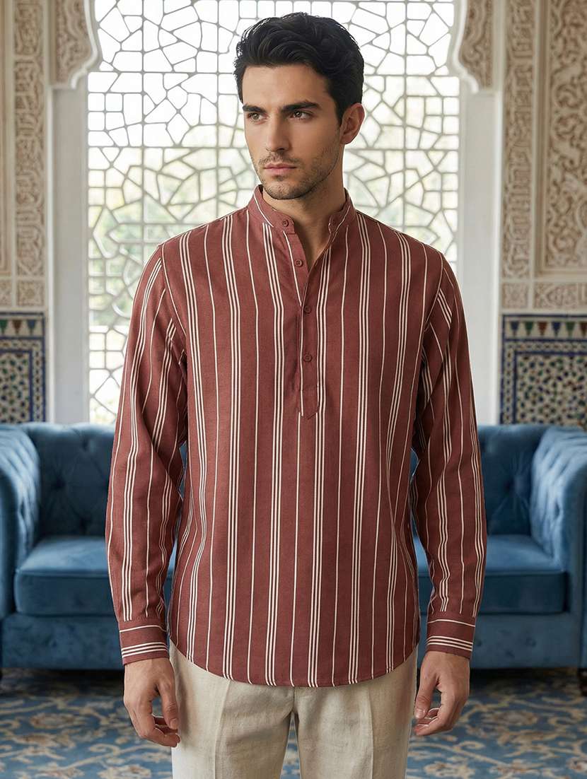 men striped mandarin neck short kurta - 22395569 -  Standard Image - 1
