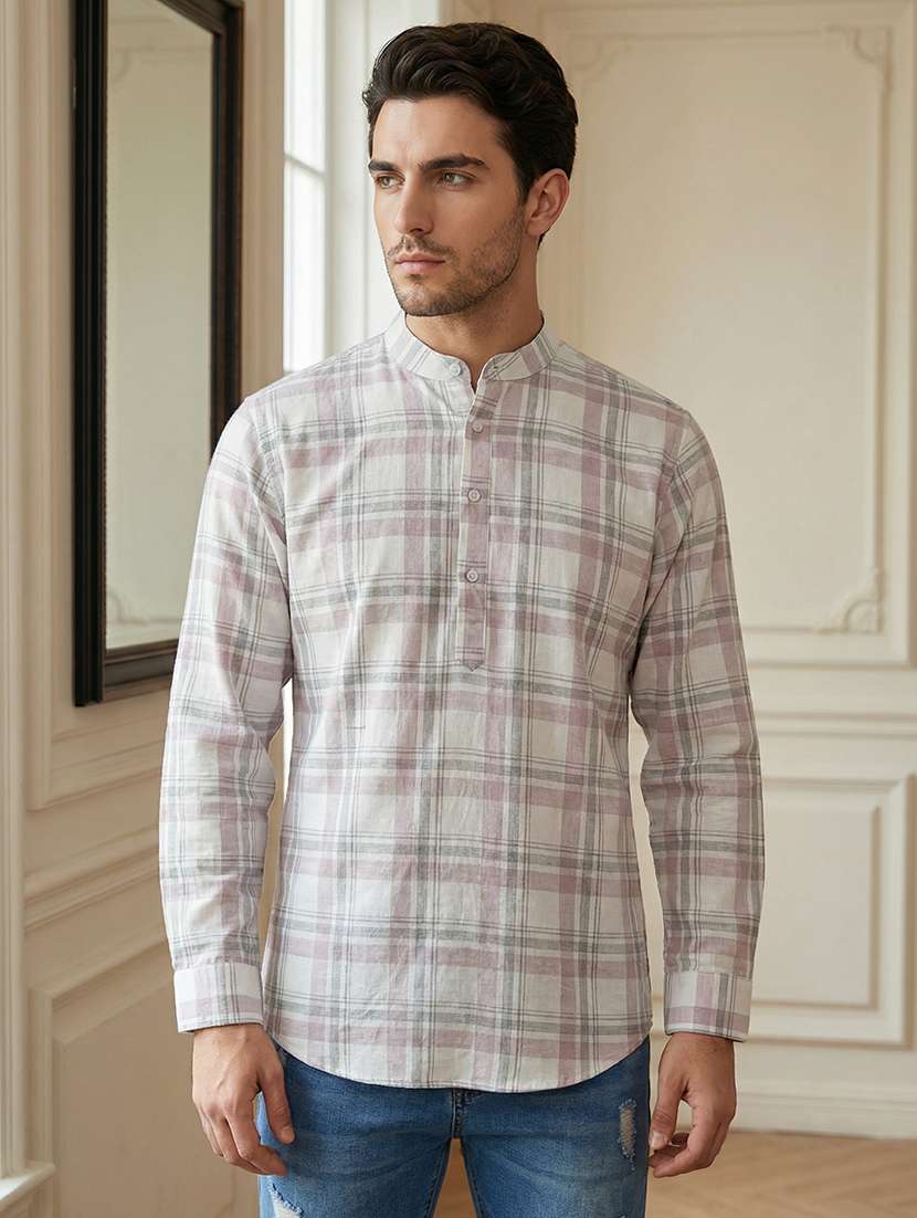 men checkered mandarin neck short kurta - 22395571 -  Standard Image - 1