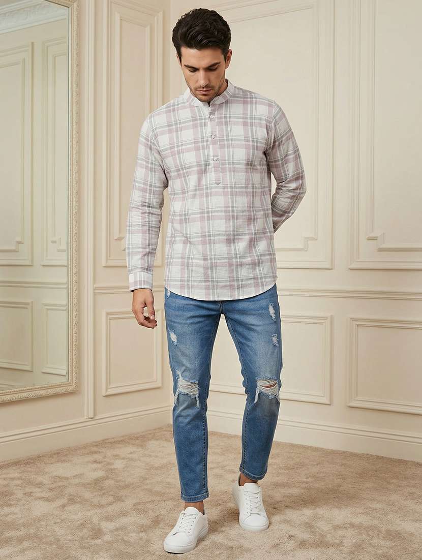 men checkered mandarin neck short kurta - 22395571 -  Standard Image - 4