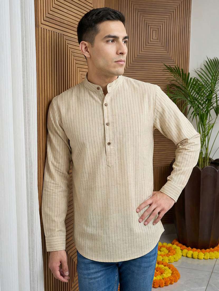 men striped mandarin neck short kurta