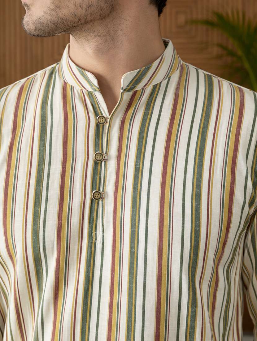 men striped mandarin neck short kurta - 22395574 -  Standard Image - 1