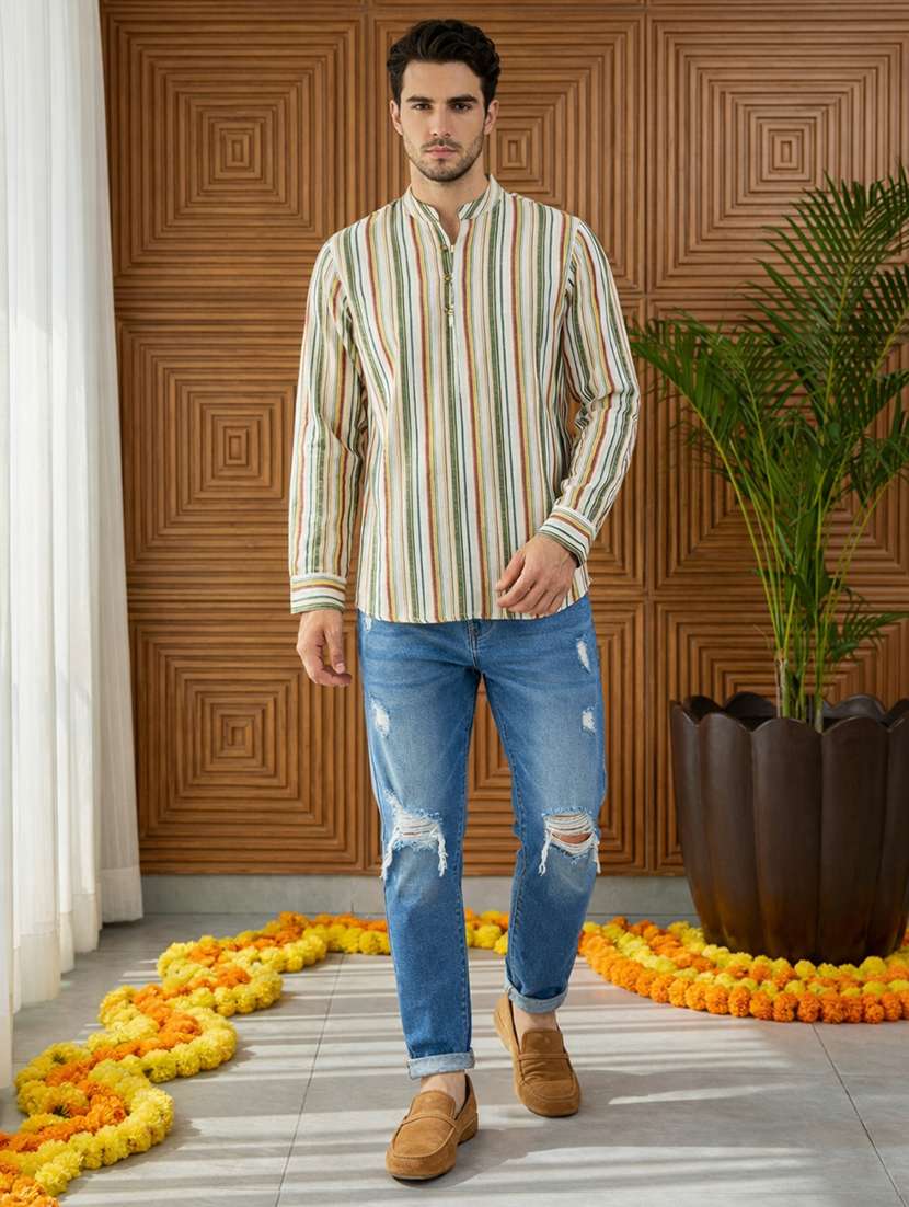 men striped mandarin neck short kurta - 22395574 -  Standard Image - 4