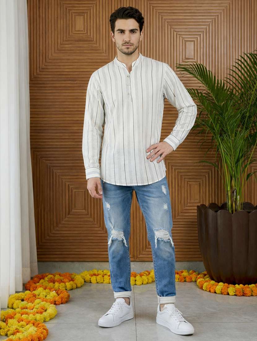 men striped mandarin neck short kurta - 22395576 -  Standard Image - 4