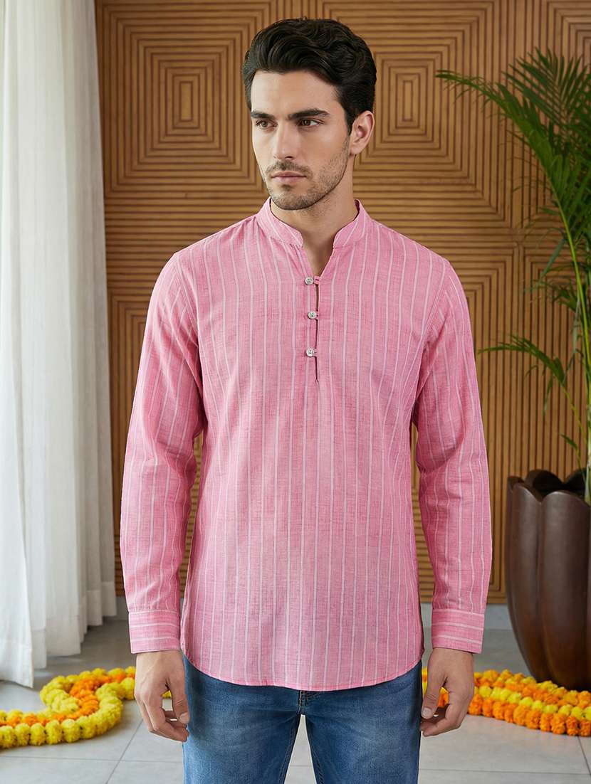 men striped mandarin neck short kurta - 22395577 -  Standard Image - 1