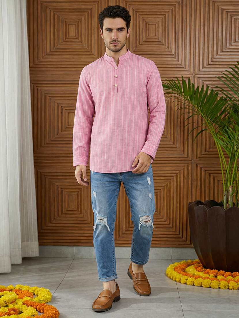 men striped mandarin neck short kurta - 22395577 -  Standard Image - 4