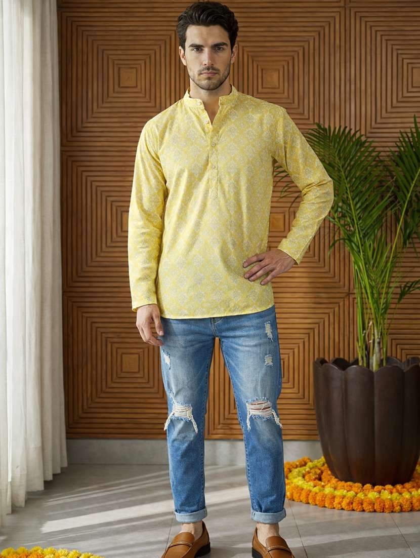 men printed mandarin neck short kurta - 22395578 -  Standard Image - 4