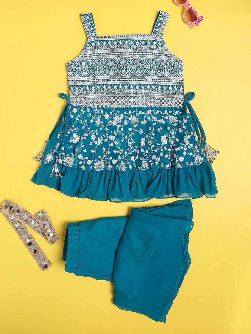 girls embroidered sleeveless kurta palazzo set - 22395722 -  Standard Image - 1