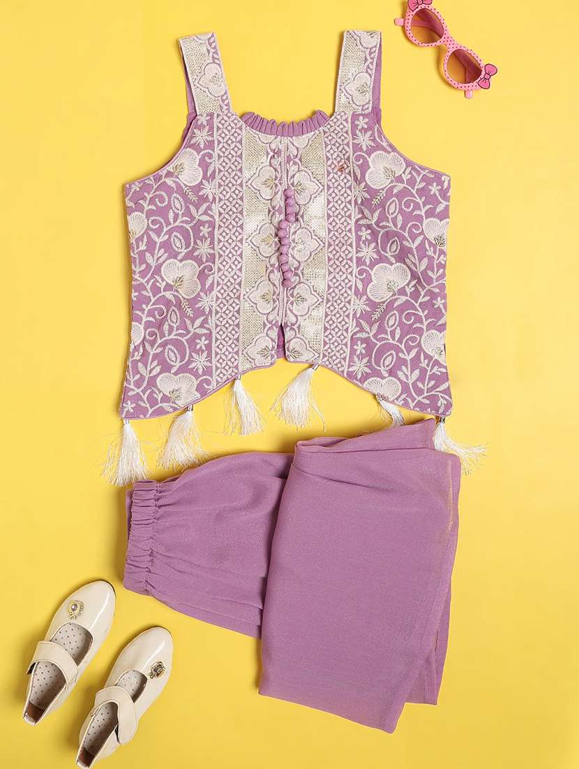 girls embroidered sleeveless kurta palazzo set - 22395724 -  Standard Image - 1