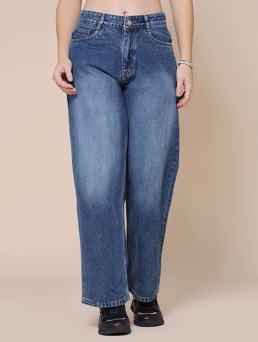 women washed mid rise straight jeans