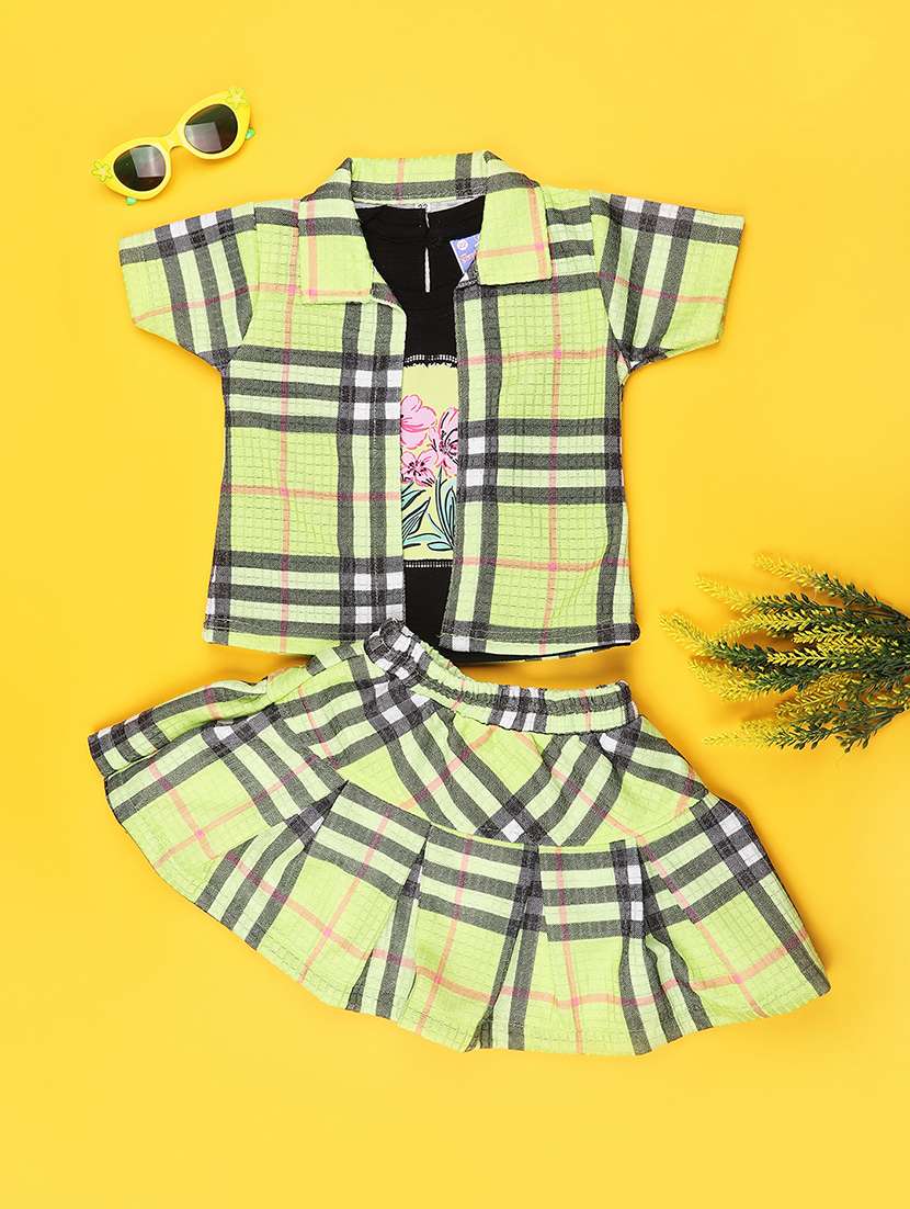 girls checkered short sleeves top and skirt with jacket co-ord set - 22395961 -  Standard Image - 1