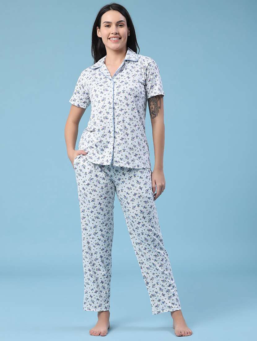 women printed short sleeves shirt and pyjama set
