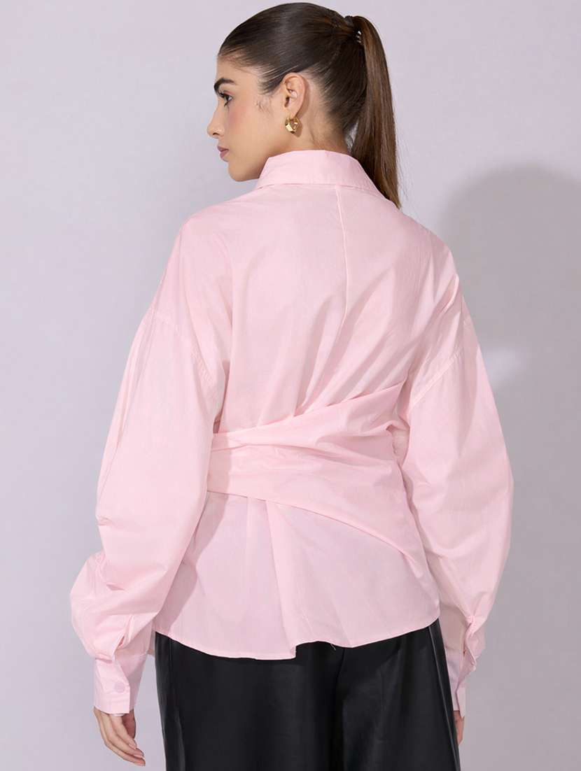 women collared puff sleeve wrap style oversized shirt - 22396073 -  Standard Image - 4