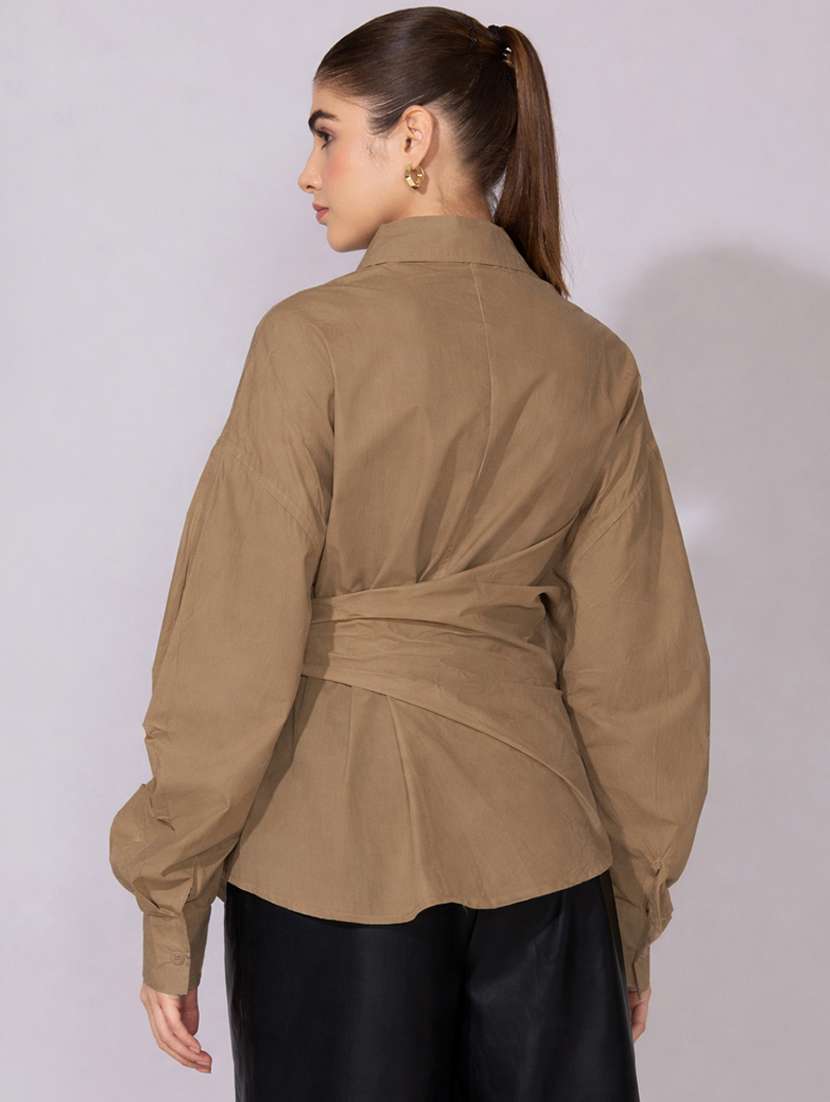 women collared puff sleeve wrap style oversized shirt - 22396074 -  Standard Image - 4