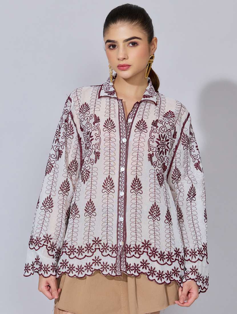 women embroidered collared long sleeve shirt