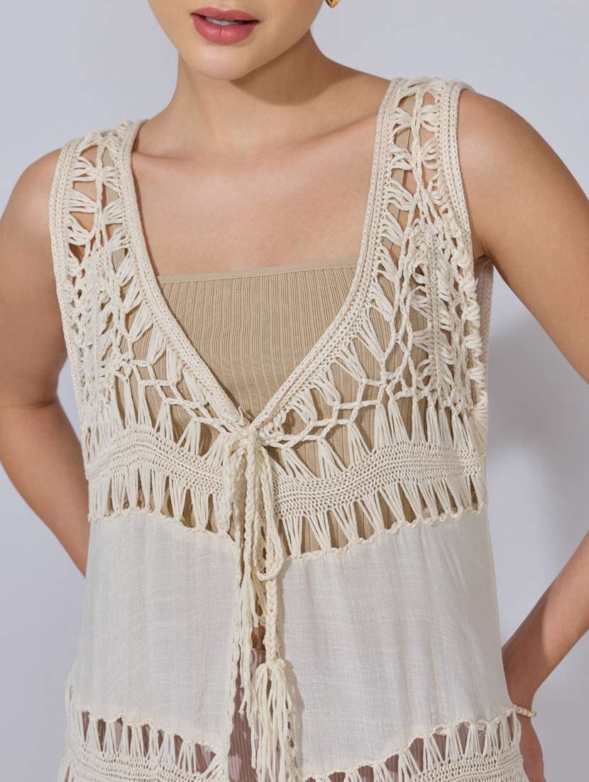 women self designed sleeveless crochet shrug - 22396098 -  Standard Image - 1