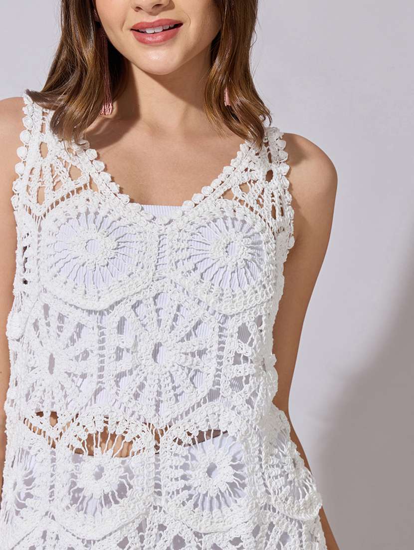 women self designed sleeveless crochet a-line dress - 22396124 -  Standard Image - 1