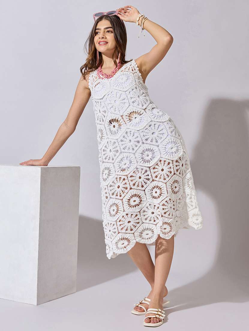 women self designed sleeveless crochet a-line dress - 22396124 -  Standard Image - 4
