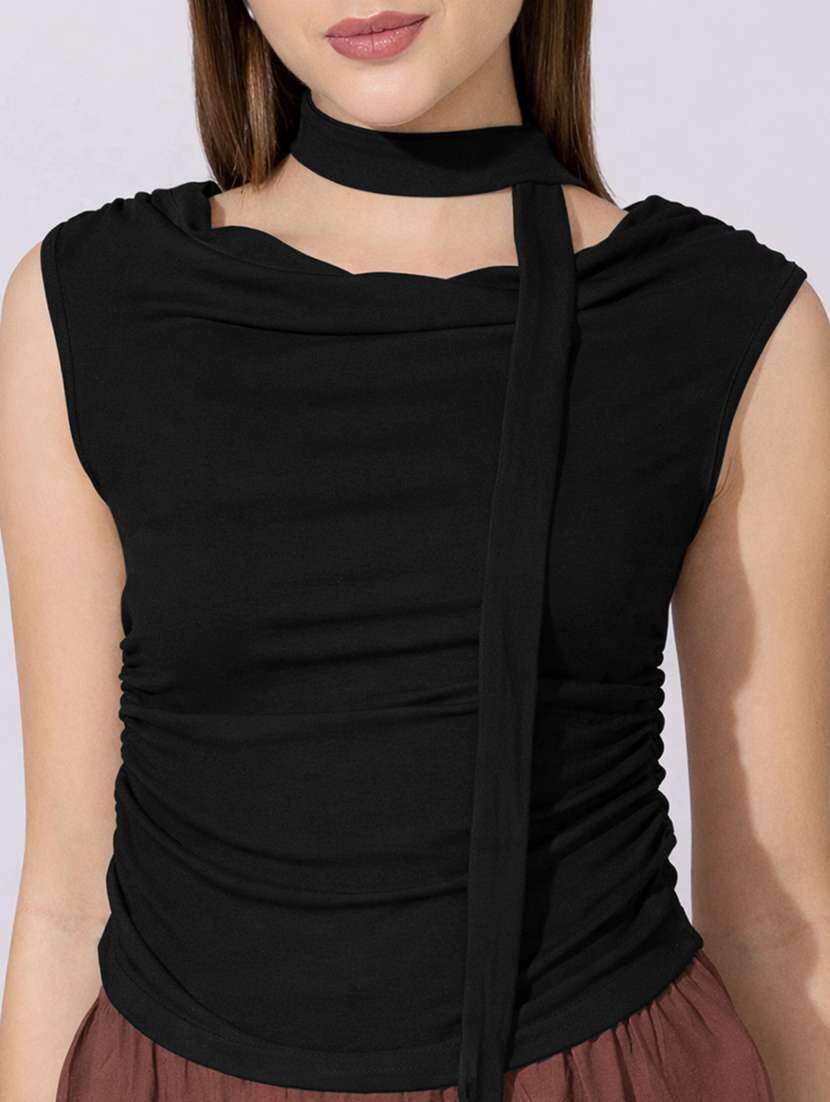 women solid off shoulder top with neck tie - 22396137 -  Standard Image - 1