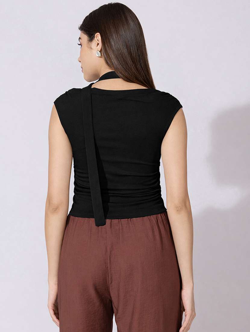 women solid off shoulder top with neck tie - 22396137 -  Standard Image - 4