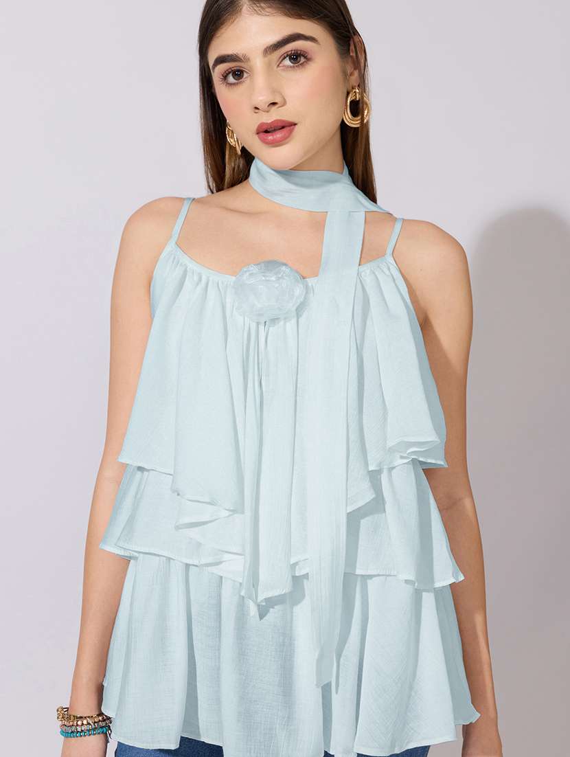 women solid shoulder strap ruffle top with neck tie - 22396138 -  Standard Image - 1