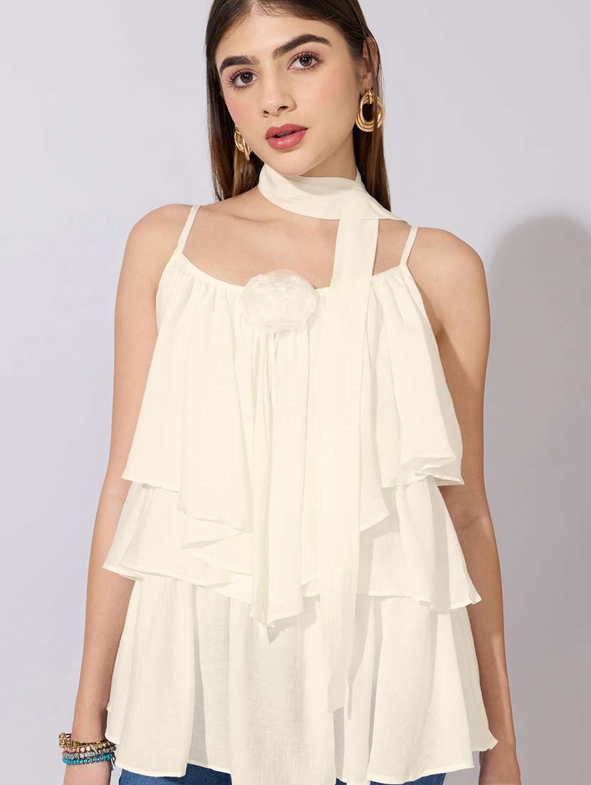 women solid shoulder strap ruffle top with neck tie - 22396139 -  Standard Image - 1