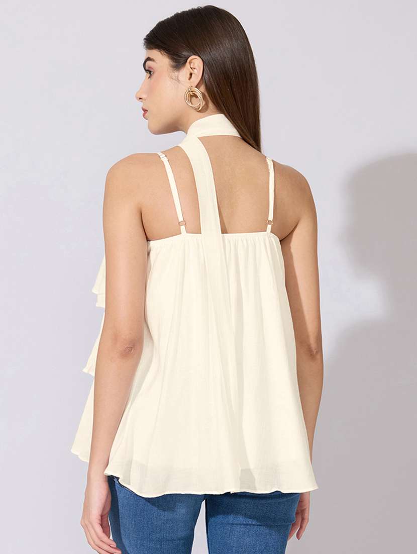 women solid shoulder strap ruffle top with neck tie - 22396139 -  Standard Image - 4