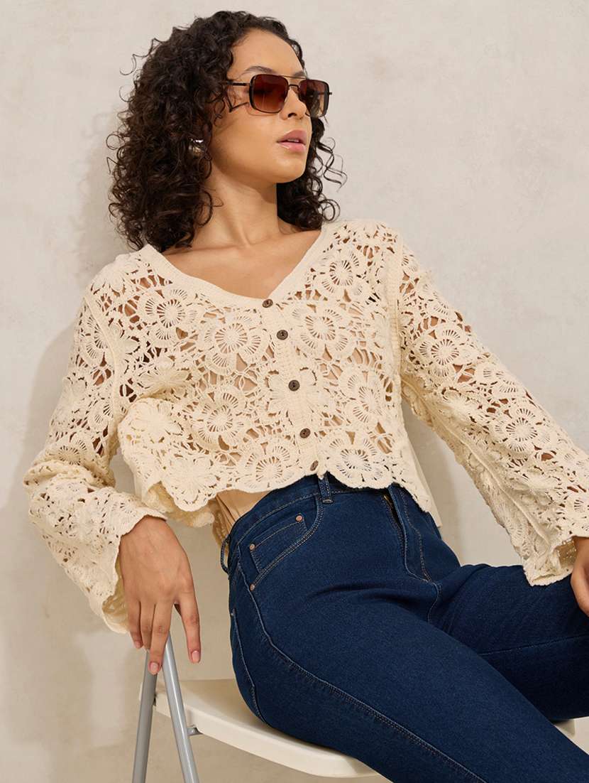 women self designed bell sleeve crochet top - 22396141 -  Standard Image - 4