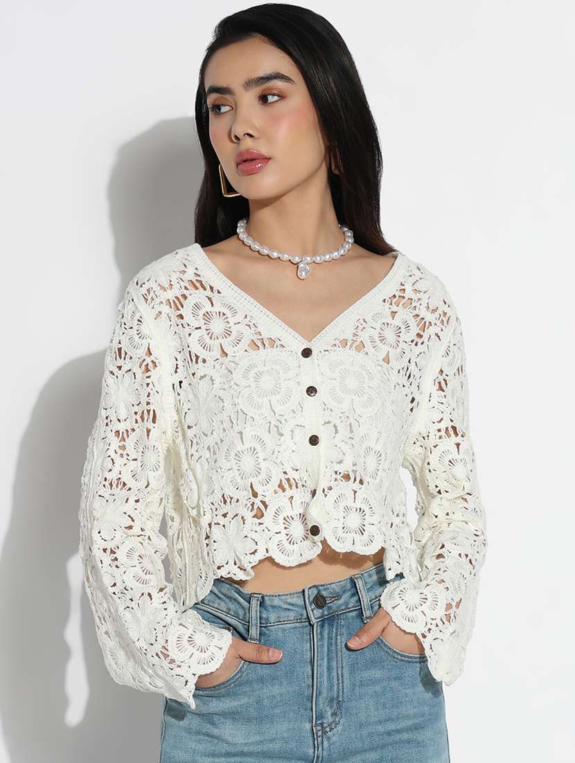 women self designed bell sleeve crochet top