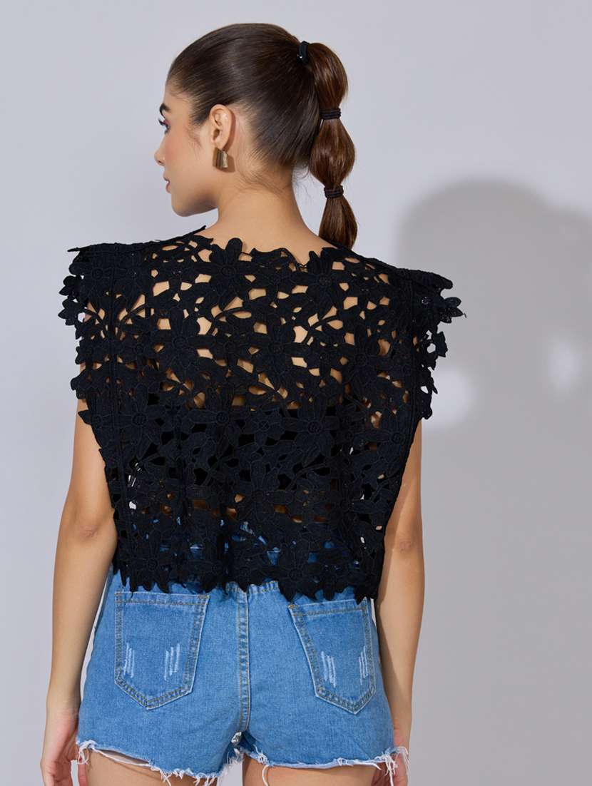 women self designed short sleeve sheer top - 22396148 -  Standard Image - 4