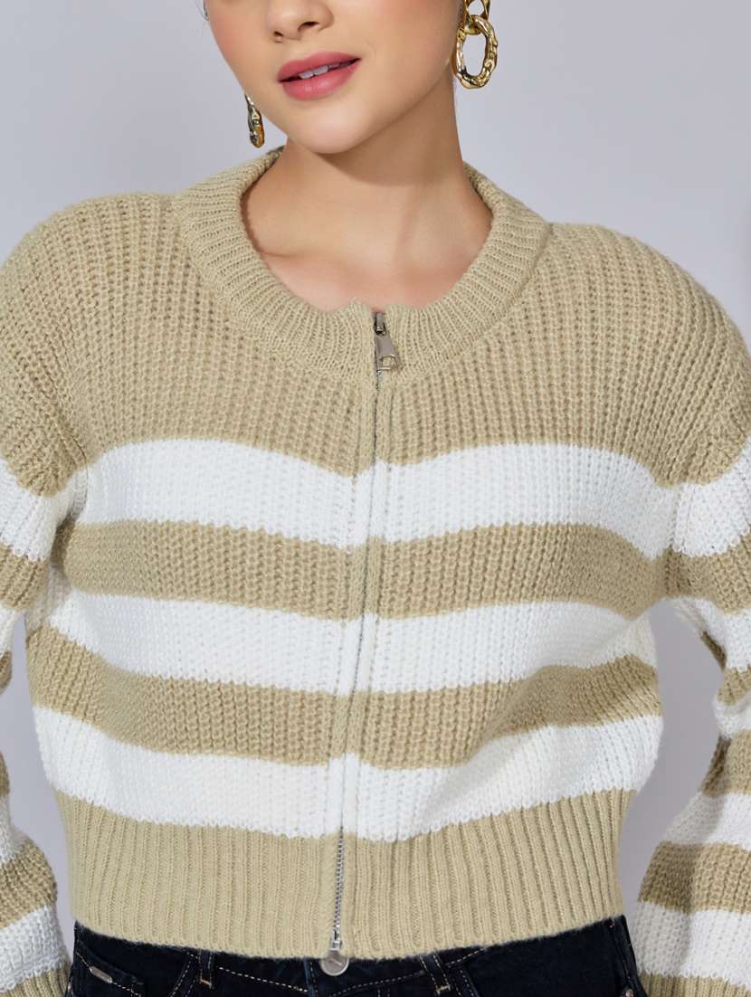 women striped long sleeve crop cardigan - 22396152 -  Standard Image - 1