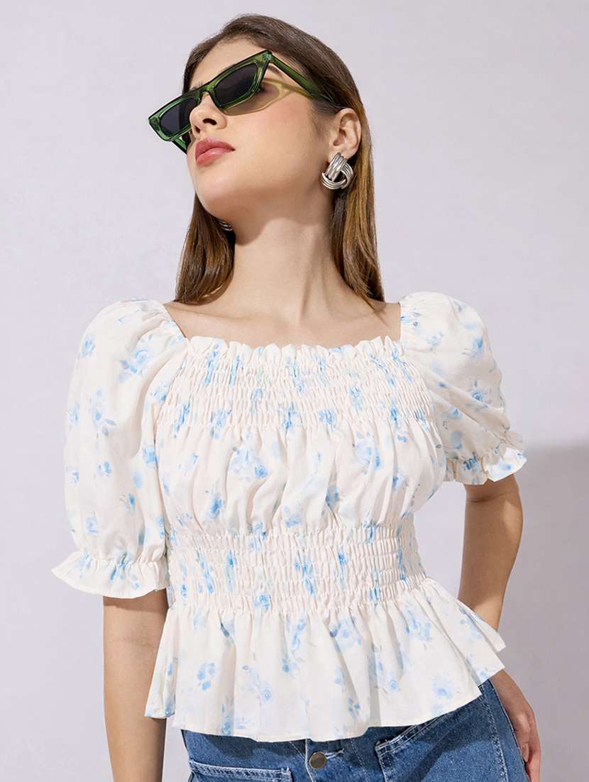 women printed puff sleeve peplum top