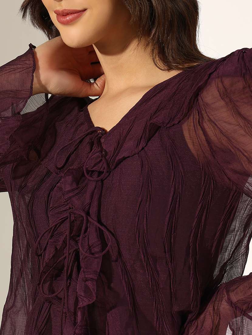 women solid long sleeve sheer ruffle top - 22396163 -  Standard Image - 1