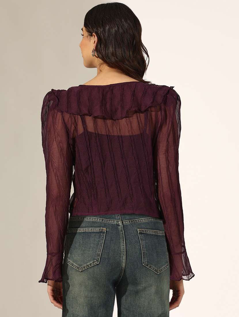 women solid long sleeve sheer ruffle top - 22396163 -  Standard Image - 4