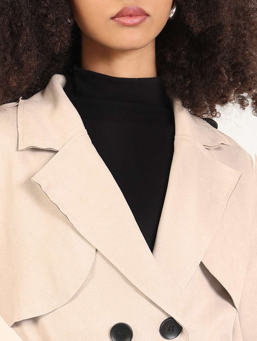 women solid long sleve double breasted coat - 22396173 -  Standard Image - 1