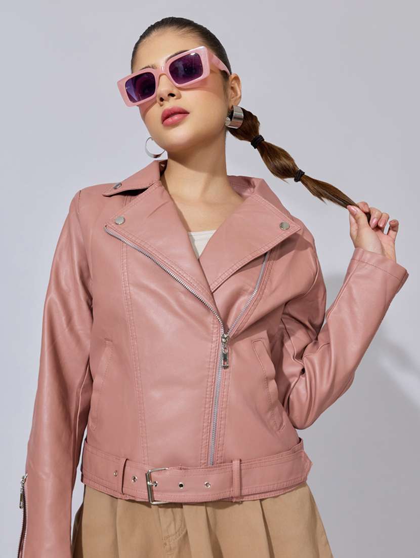 women solid long sleeve leatherette biker jacket