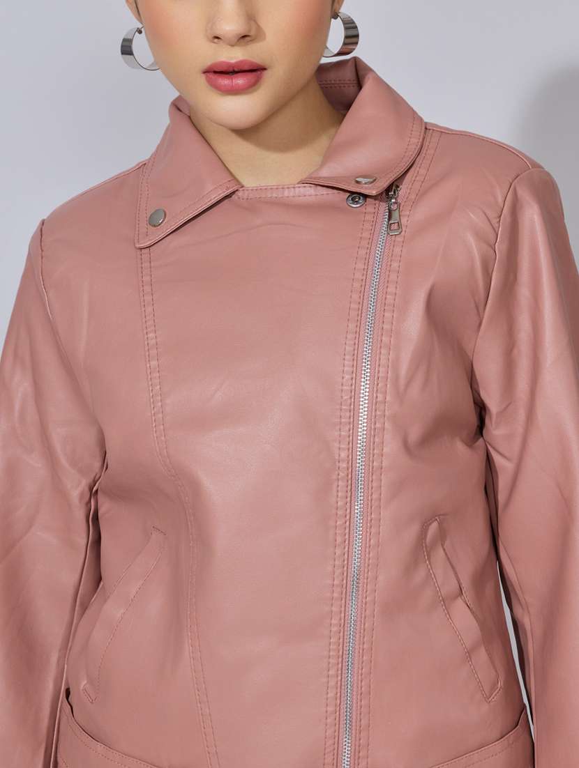 women solid long sleeve leatherette biker jacket - 22396175 -  Standard Image - 1