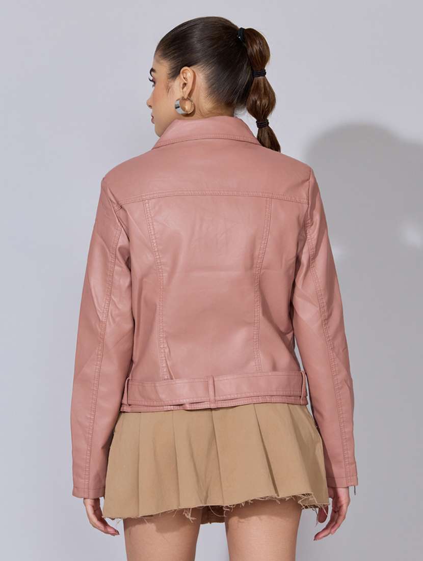 women solid long sleeve leatherette biker jacket - 22396175 -  Standard Image - 4