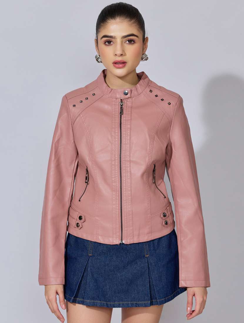 women solid long sleeve leatherette biker jacket