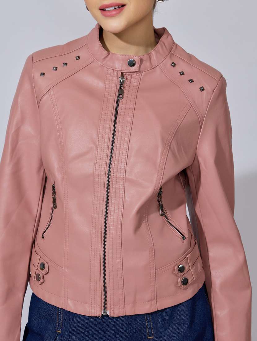 women solid long sleeve leatherette biker jacket - 22396176 -  Standard Image - 1