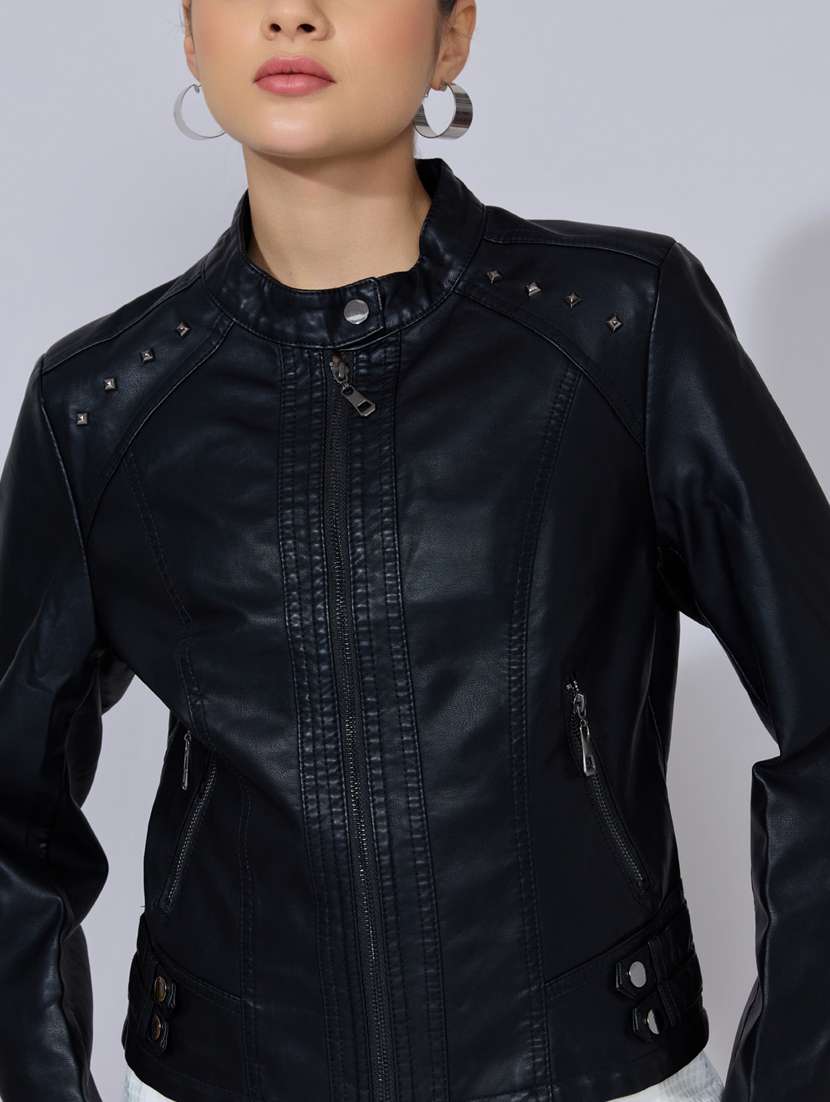 women solid long sleeve leatherette biker jacket - 22396177 -  Standard Image - 1