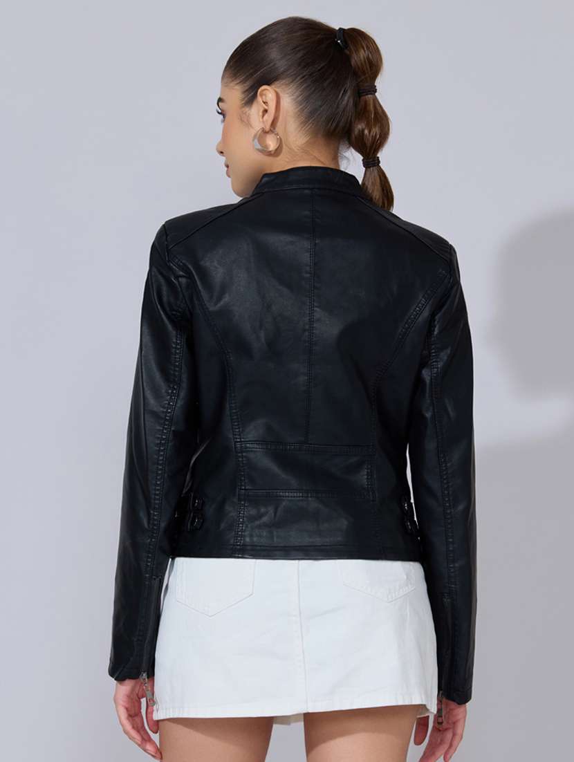 women solid long sleeve leatherette biker jacket - 22396177 -  Standard Image - 4