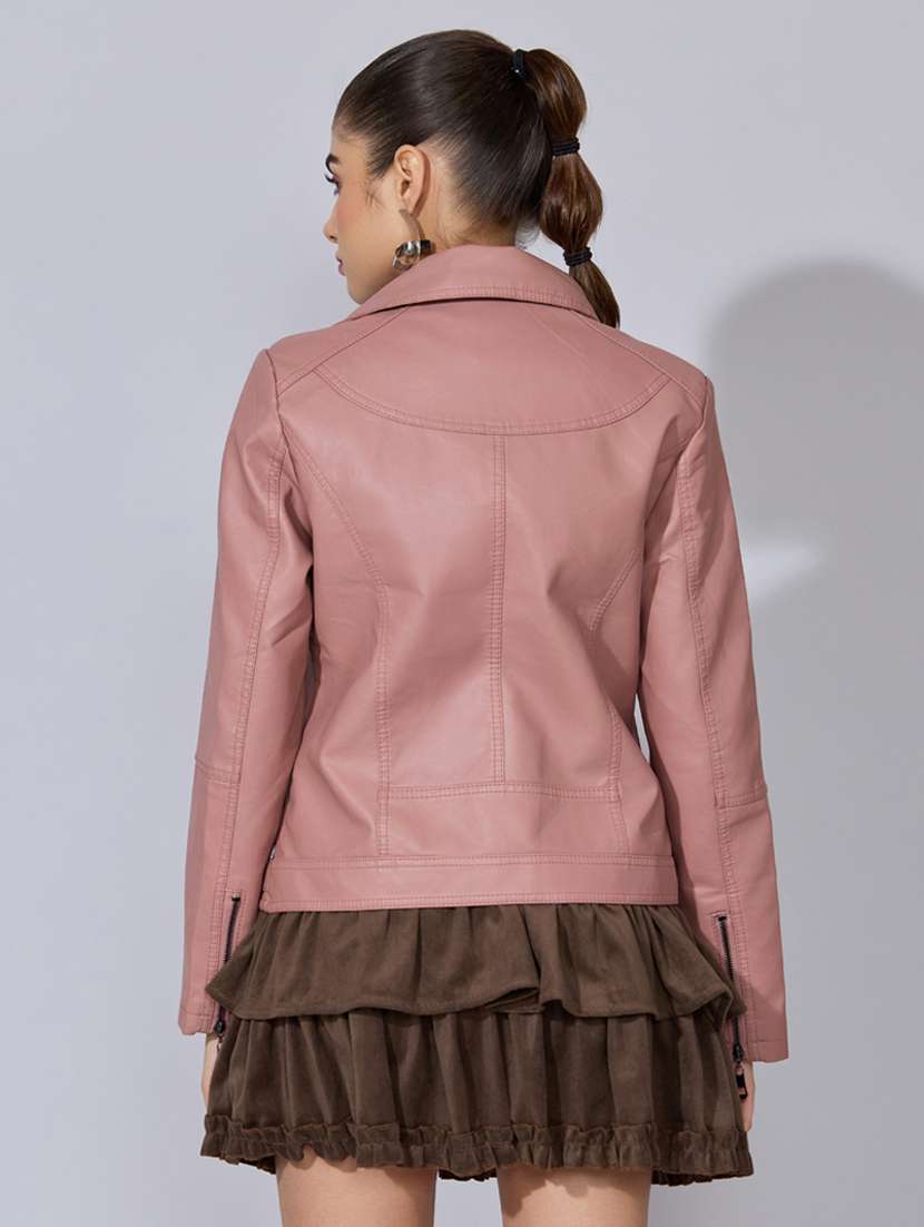 women solid long sleeve leatherette biker jacket - 22396178 -  Standard Image - 4