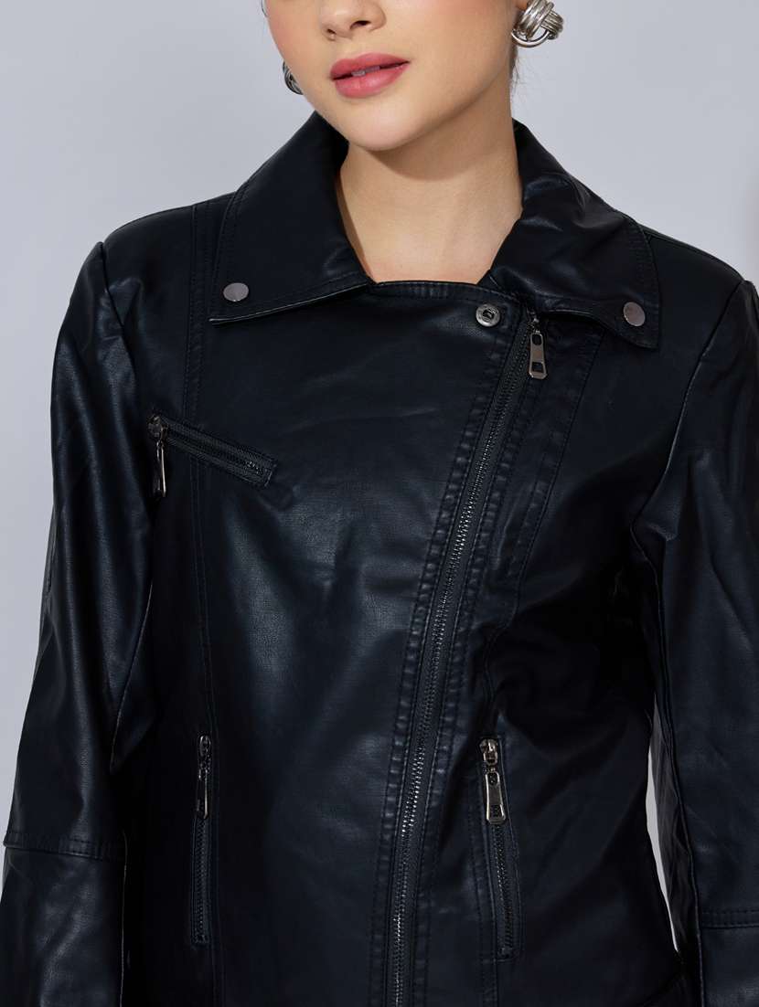 women solid long sleeve leatherette biker jacket - 22396179 -  Standard Image - 1