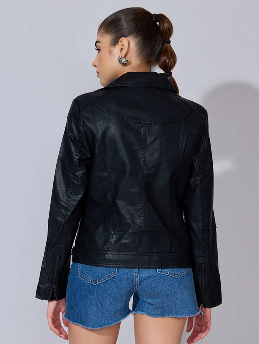 women solid long sleeve leatherette biker jacket - 22396179 -  Standard Image - 4