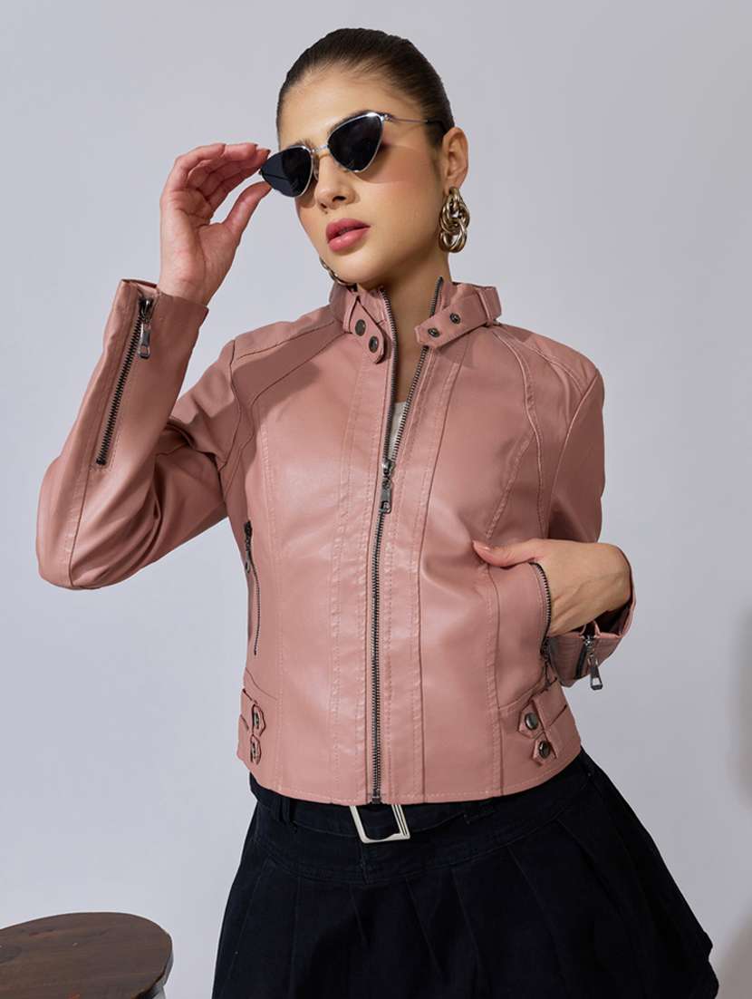 women solid long sleeve leatherette biker jacket