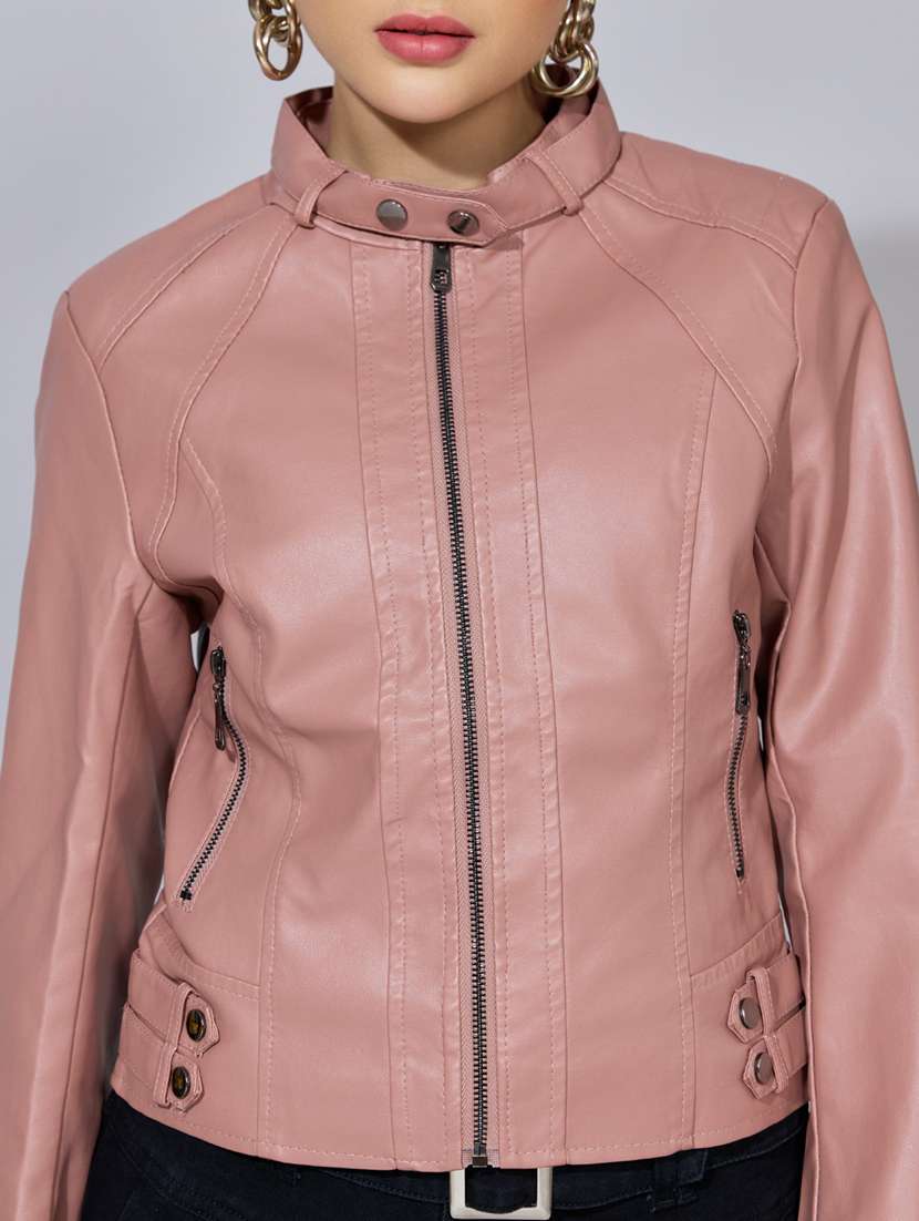 women solid long sleeve leatherette biker jacket - 22396180 -  Standard Image - 1